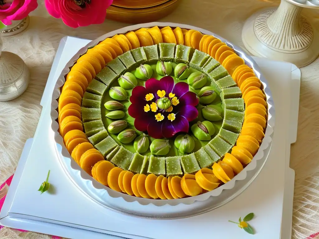 Exquisitos dulces del Imperio Otomano: baklava, locum y galletas de pistacho con flores comestibles y nueces, en una bandeja de plata