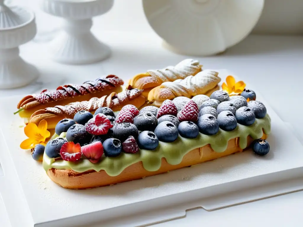 Exquisitos Éclairs saludables con bayas frescas y flores comestibles, presentados con elegancia en un plato blanco moderno