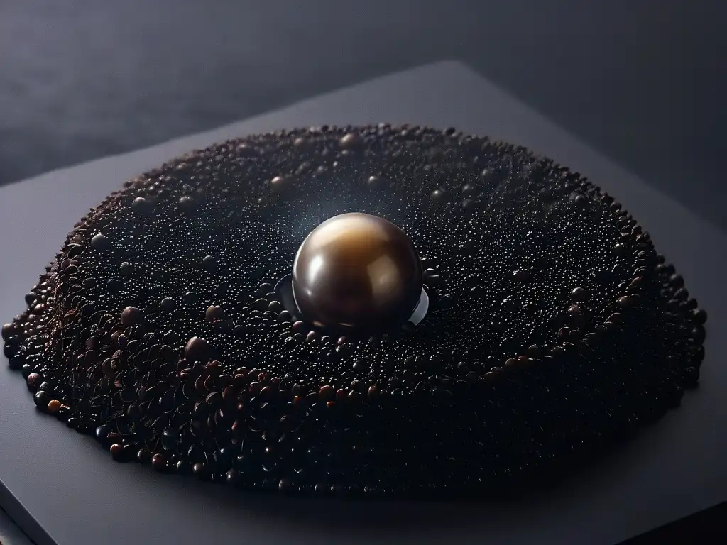 Exquisitos granos de caviar de chocolate en fila, reflejando luz, sobre negro mate