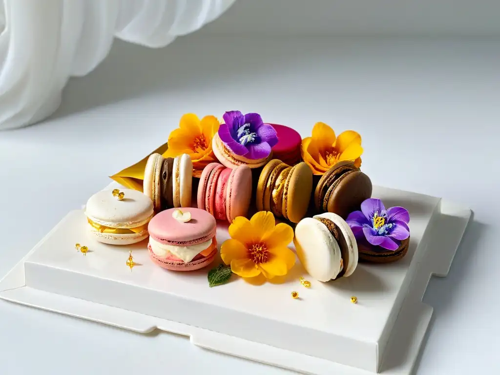 Exquisitos macarons saludables con flores comestibles y láminas de oro en plato blanco