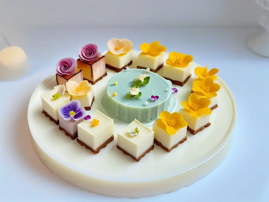 Exquisitos petit fours decorados con elegancia en plato de mármol, ideal para una cena inolvidable