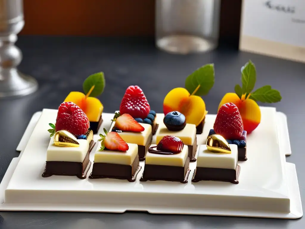 Exquisitos petit fours de pastelería de lujo con detalles sofisticados en mármol blanco