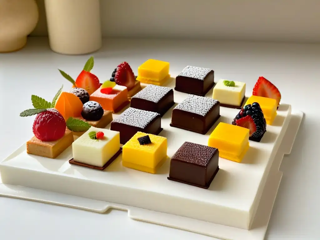 Exquisitos petit fours en plato blanco, obras de arte culinarias