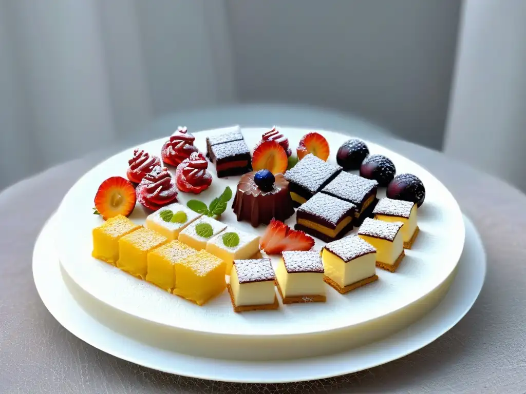 Exquisitos petit fours en plato elegante, colores vibrantes y detalles delicados, lujo en pastelería