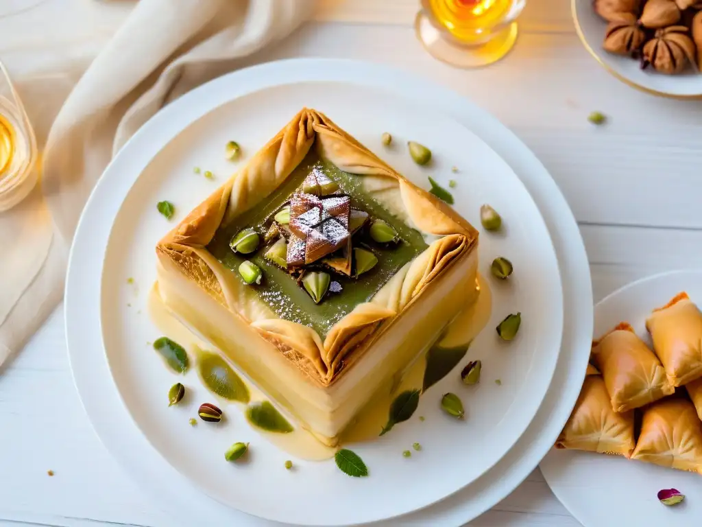 'Exquisitos postres árabes exóticos y deliciosos: baklava con miel dorada, pistachos y pétalos de rosa, acompañados de café árabe