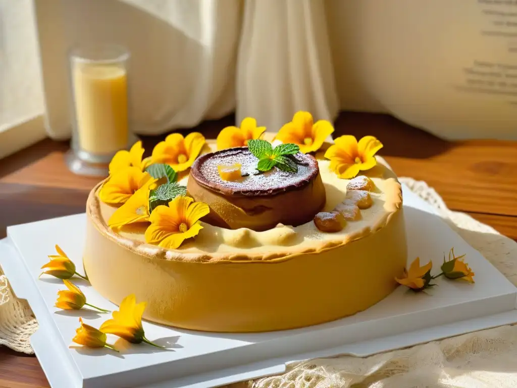 Exquisitos postres caseros en plato de madera, con hospitalidad africana: leche condensada, malva y koeksisters, decorados con flores y hojas de menta