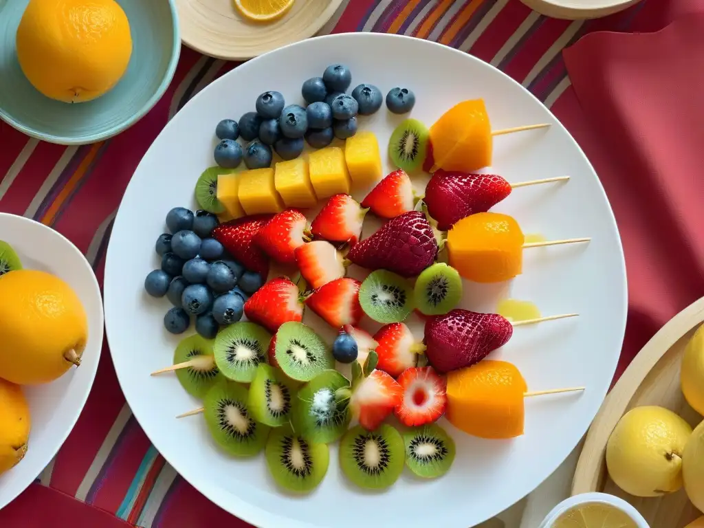 Exquisitos postres detox saludables para cuerpo: coloridas brochetas de frutas frescas en plato blanco moderno