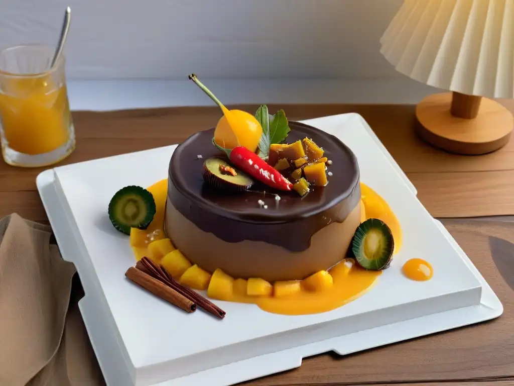 Exquisitos postres dulces y picantes en plato blanco, destacando sabores y detalles vibrantes