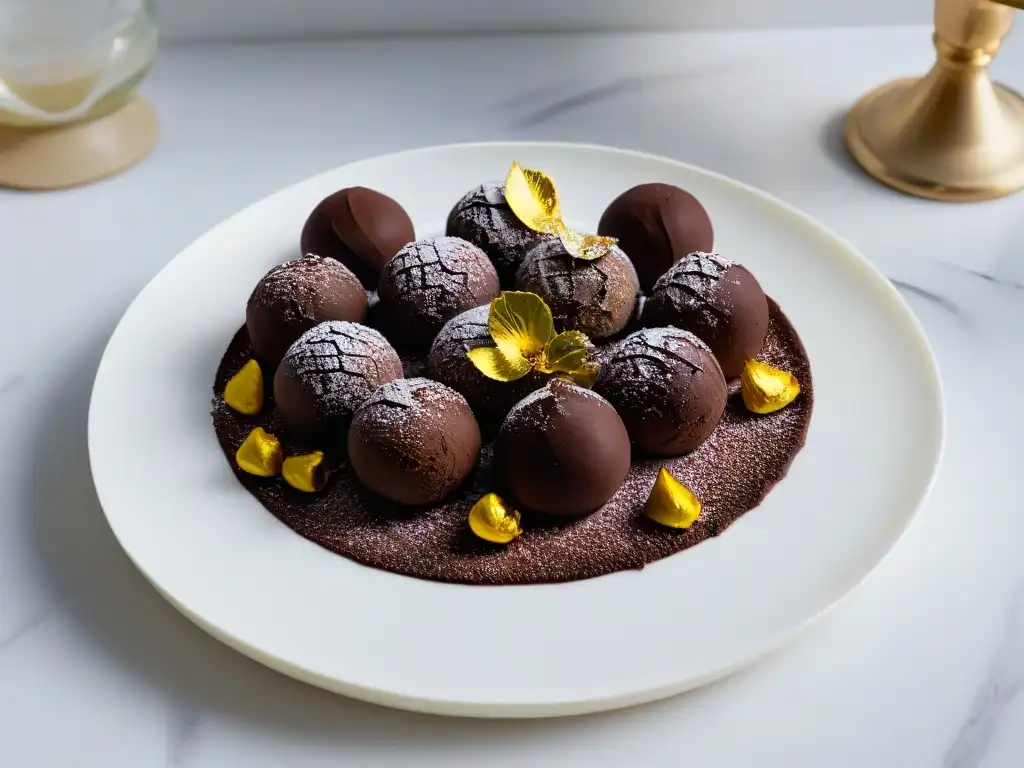 Exquisitos postres con ashwagandha saludables: trufas de chocolate oscuro con hojuelas de oro y lavanda en mármol