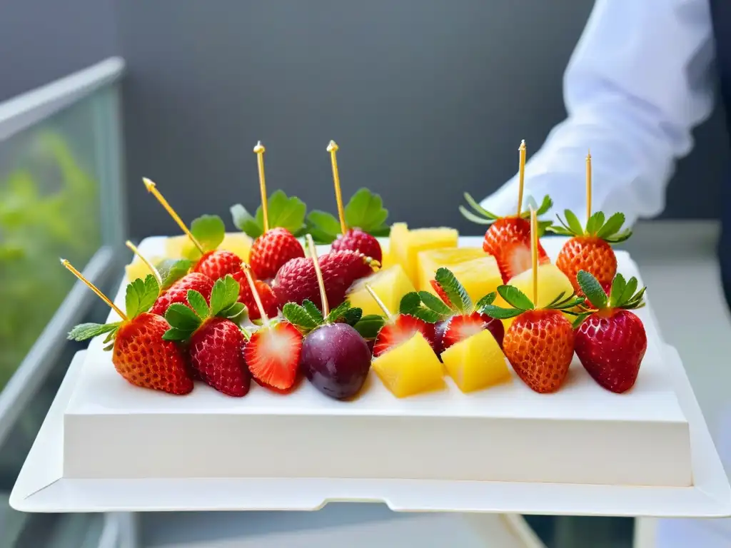 Exquisitos snacks dulces diabéticos saludables: brochetas de frutas frescas vibrantes en bandeja blanca moderna