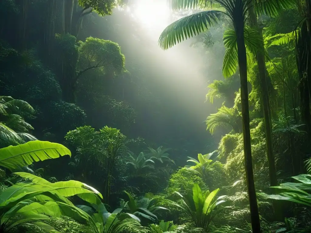 Un exuberante bosque tropical con luz solar filtrándose a través del dosel, evocando armonía con la naturaleza