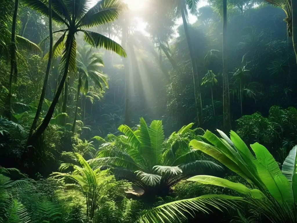 Un exuberante bosque tropical con palmeras vibrantes y sombras intrincadas en el suelo, resaltando la biodiversidad