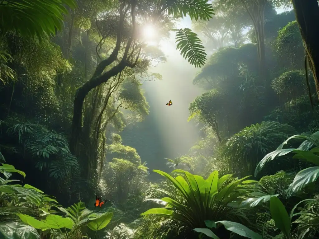 Un exuberante bosque tropical rebosante de vida: mariposas, flores y monos juguetones