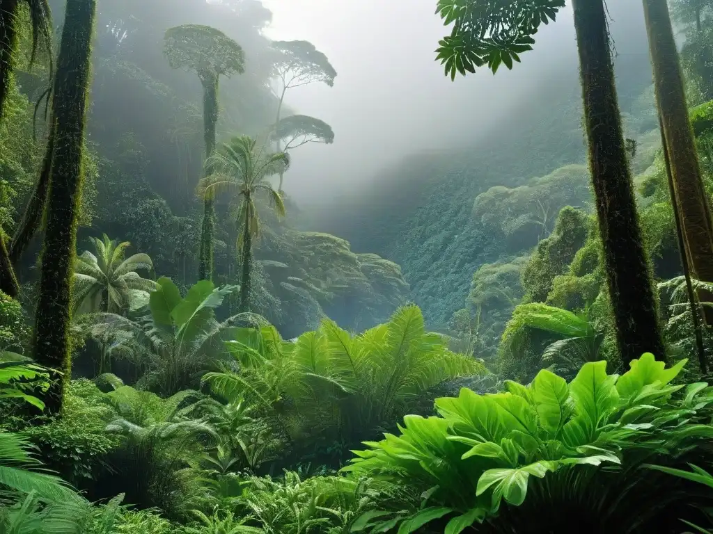 Un exuberante ecosistema de selva lluviosa con diversidad de plantas, aves y animales en armonía