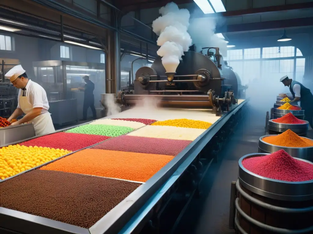 Una fábrica de dulces bulliciosa durante la Revolución Industrial en repostería, con maquinaria detallada y trabajadores empaquetando golosinas