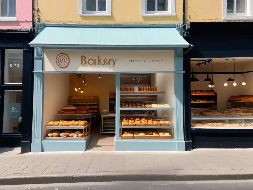 Fachada elegante de pastelería con branding minimalista en tonos pastel y neutros