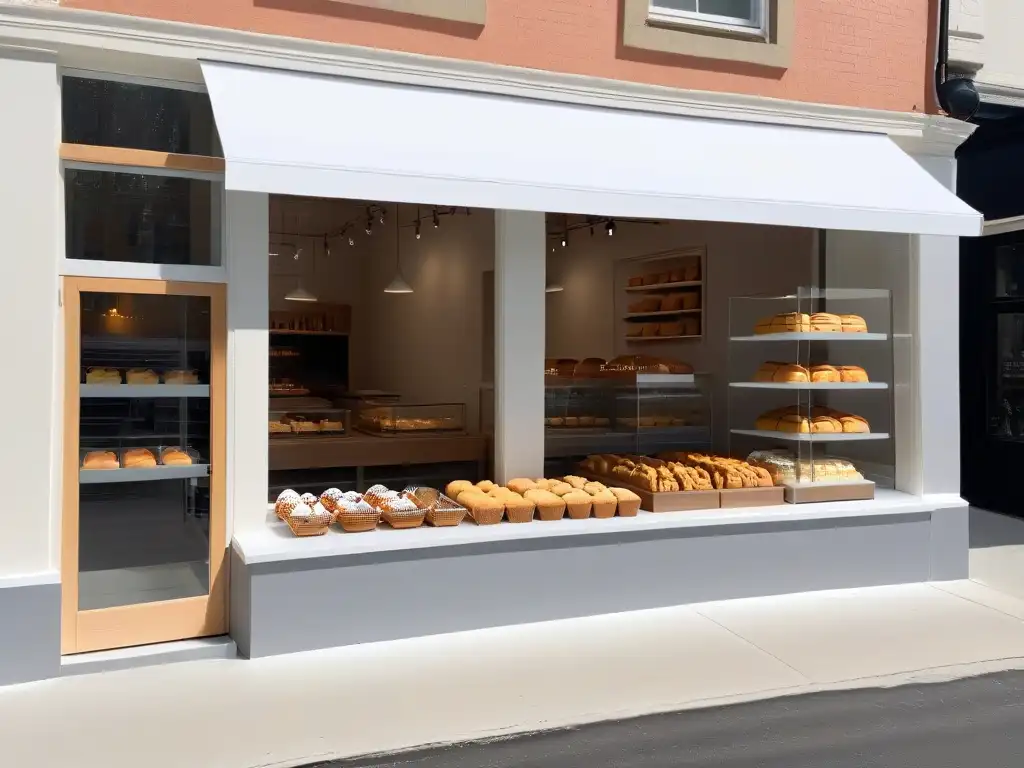 Fachada minimalista de panadería con casos éxito merchandising repostería, exhibiendo elegantes productos horneados en tonos neutros y madera cálida