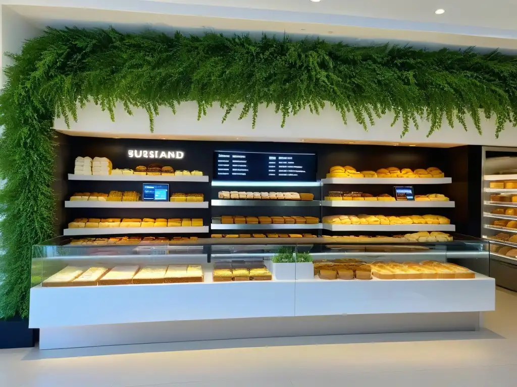 Fachada de panadería moderna con merchandising digital de repostería marca, entre naturaleza