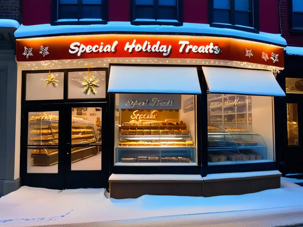 Fachada de panadería moderna de noche con brillo cálido, letrero 'Especialidades Navideñas' y copos de nieve