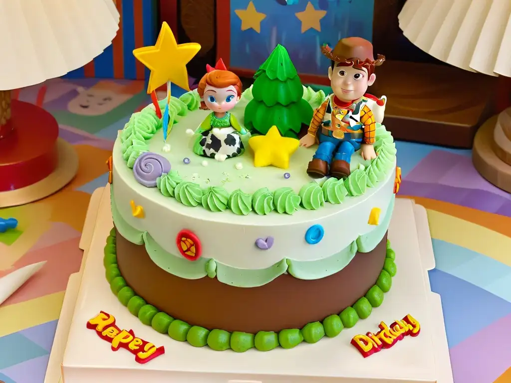 Pastel de cumpleaños Toy Story con decoración detallada Tarta Toy Story receta fácil: Detalle impresionante de una tarta temática de Toy Story con Woody, Buzz Lightyear y otros personajes en fondant