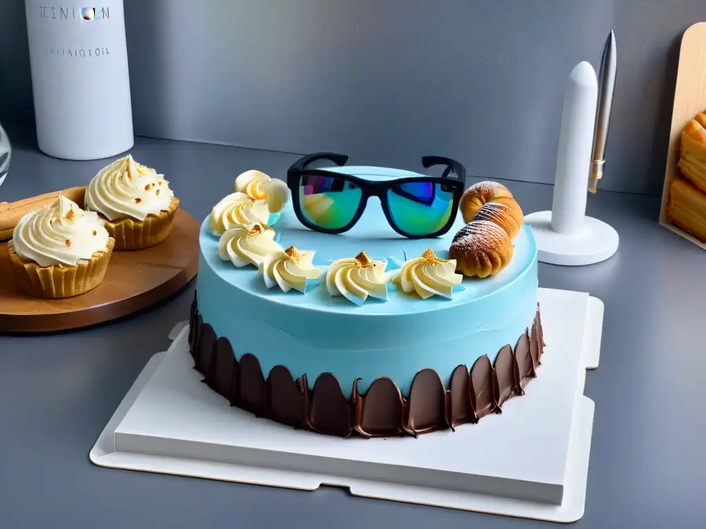 Diseño de cocina futurista con realidad aumentada para repostería avanzada Un fascinante contraste entre técnicas de repostería avanzadas y realidad aumentada en una cocina moderna y luminosa