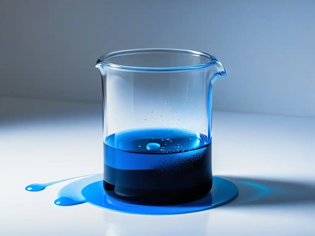 Un fascinante vaso de Laboratorio con líquido azul brillante, en una encimera negra