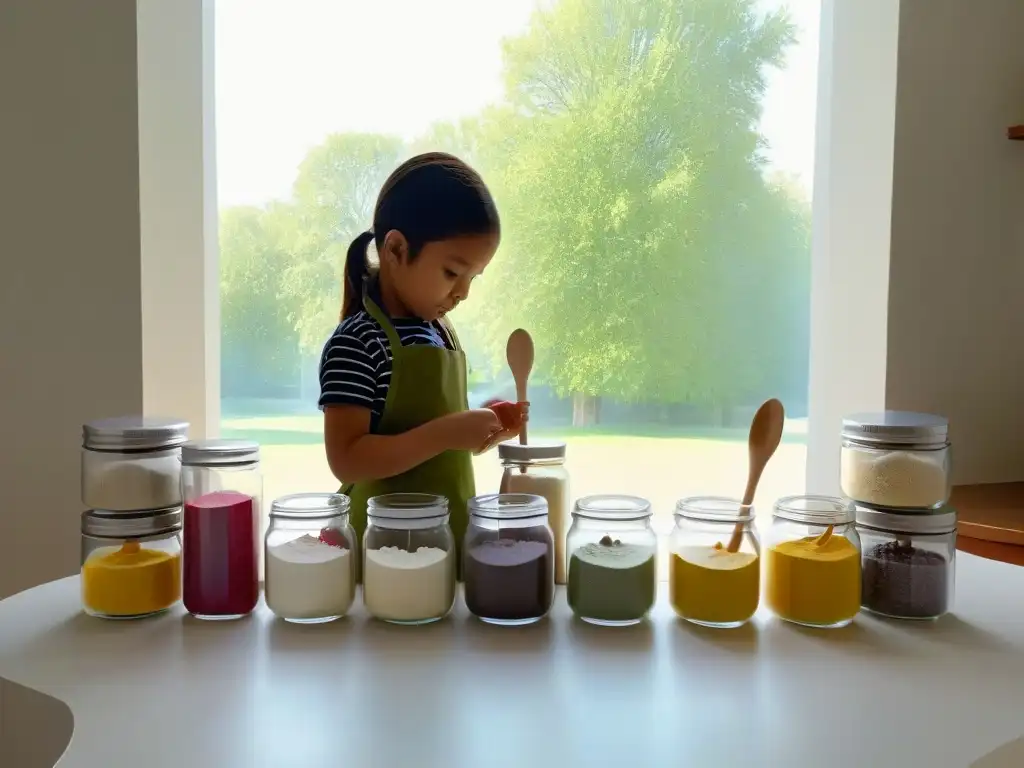 Niño feliz preparando pastel en cocina moderna con ingredientes de repostería