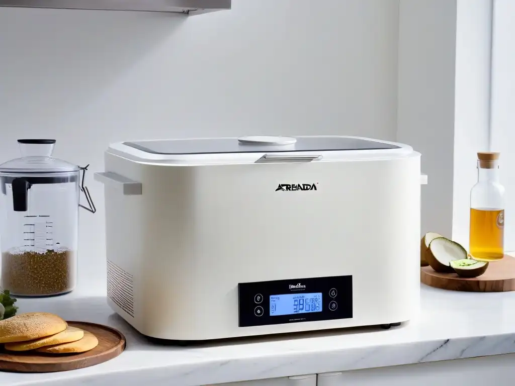 Una fermentadora para panadería artesanal moderna y elegante en una cocina blanca impecable, lista para hornear