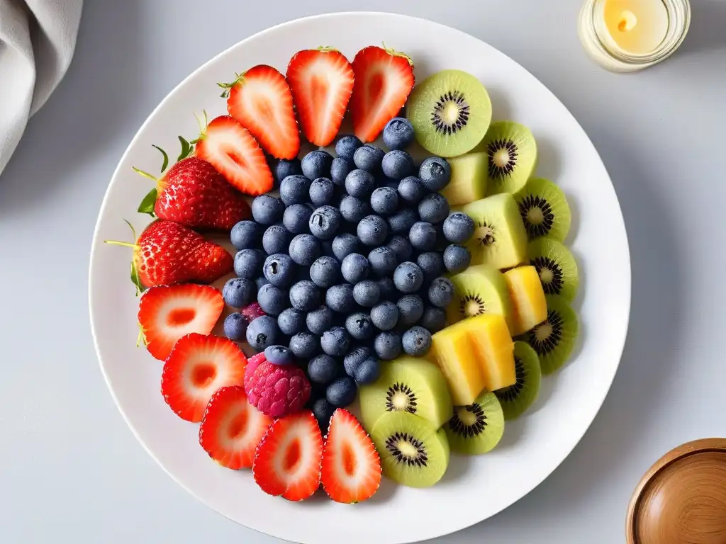 Exquisita variedad de frutas frescas en plato blanco Un festín de colores y sabores frescos en una elegante presentación de alternativas veganas caprichos dulces