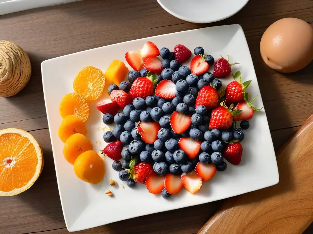 Un festín de frutas frescas y coloridas en un plato blanco, con miel y almendras, sobre una mesa de madera clara