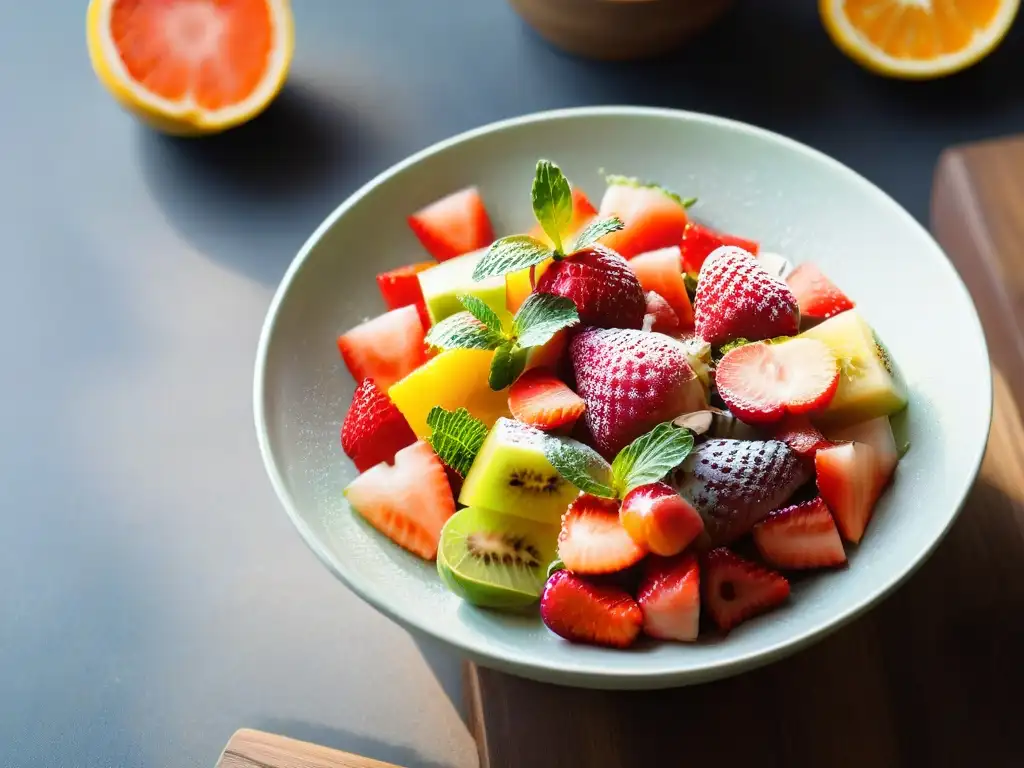 Un festín de frutas frescas y coloridas en un bol moderno