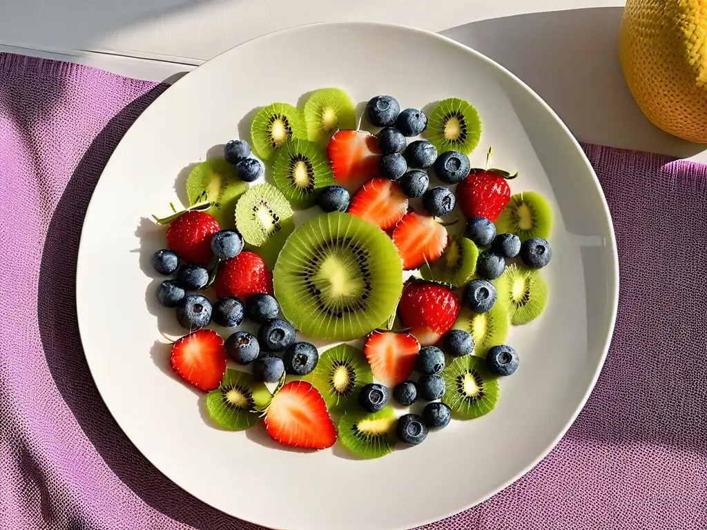 Un festín de frutas frescas vibrantes en un plato blanco, con cortes precisos y colores naturales, sobre una encimera moderna