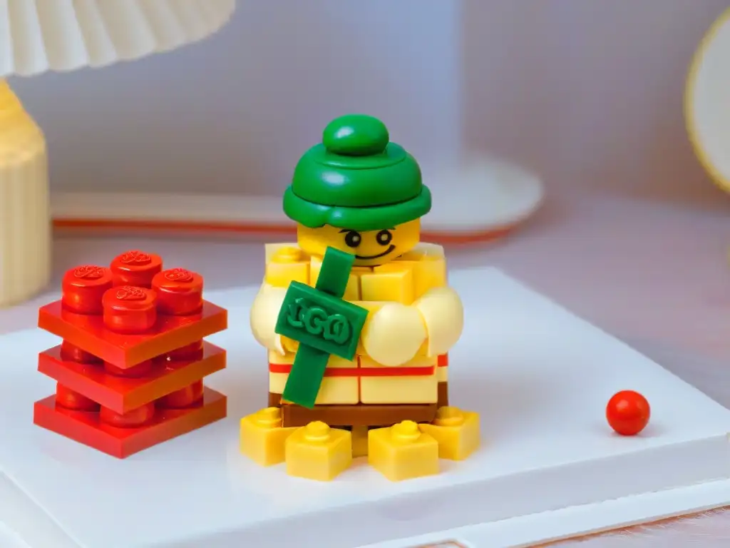 Un festín de galletas de Lego divertidas en un plato blanco rodeadas de piezas sueltas, brindando creatividad y diversión