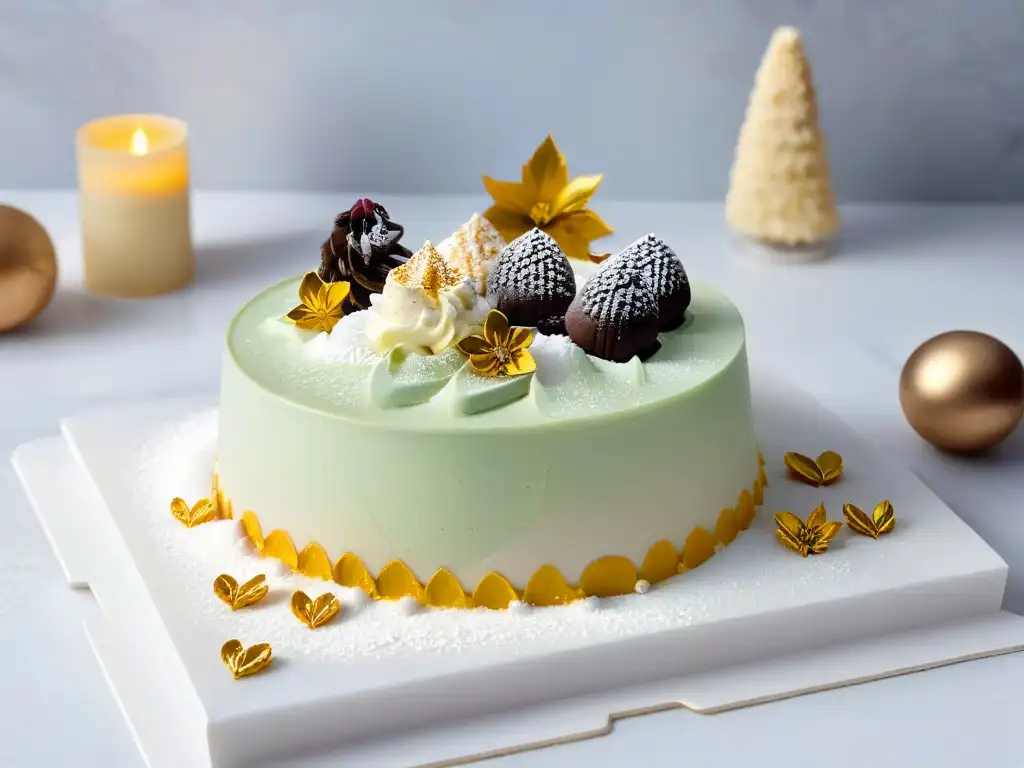 Un festín moderno y minimalista de postres navideños innovadores, con detalles de oro y formas geométricas, sobre una elegante fuente de mármol