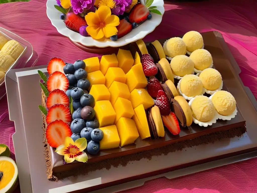 Un festín de postres caseros de hospitalidad africana: mango tarts, mousse de chocolate y macarrones de coco, adornados con frutas y flores