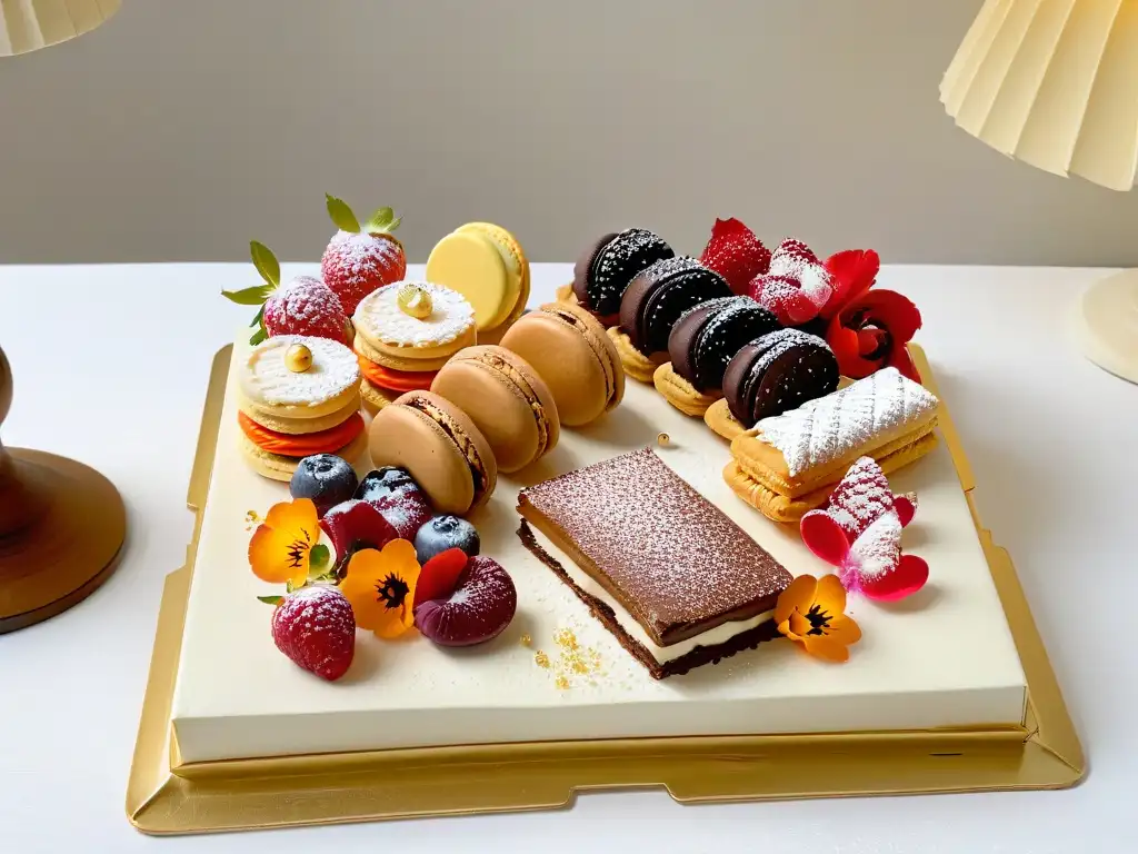 Un festín de postres europeos Revolución Francesa: macarons, éclairs y millefeuille decorados con oro, frutas y flores