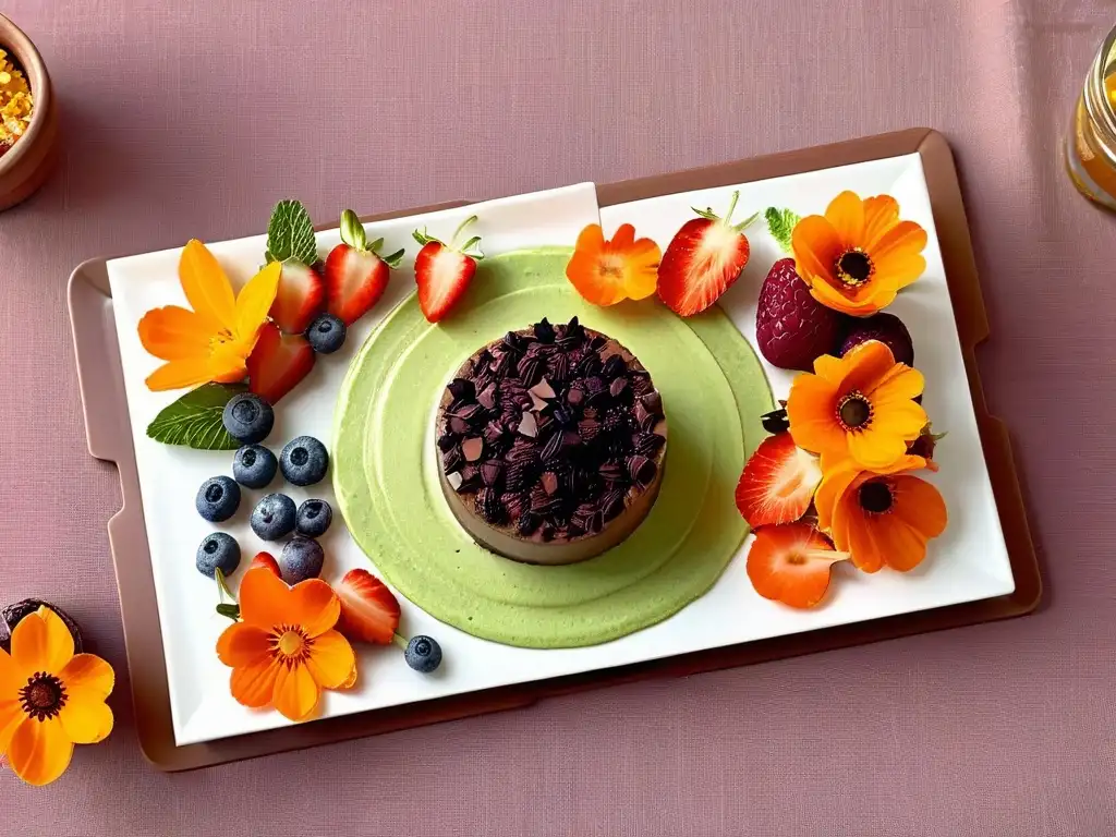 Un festín de postres saludables sin culpa: chía con bayas, mousse de chocolate y pastel de zanahoria vegano, en elegantes platos blancos