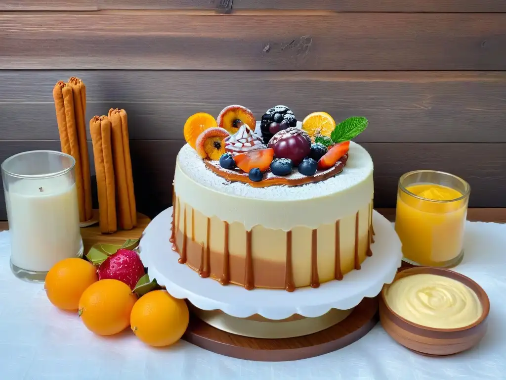 Delicias tradicionales: mesa de postres exquisitamente decorada Un festín de postres tradicionales: flan, churros, arroz con leche y pastel de tres leches en una mesa elegante