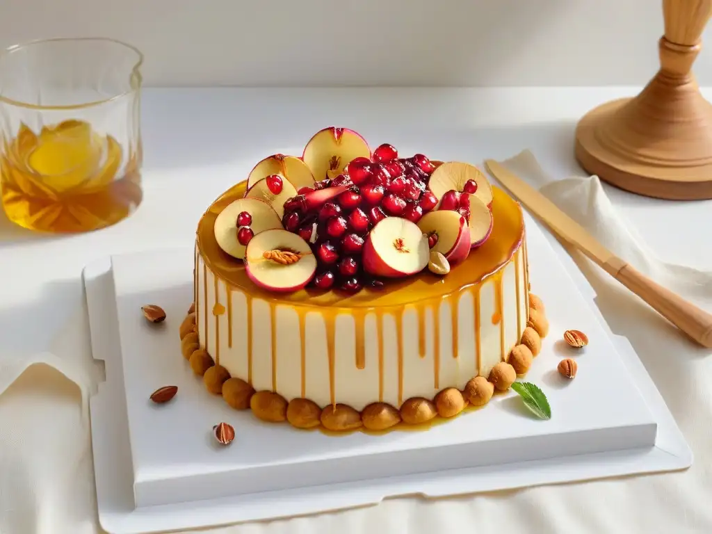 Festín de postres tradicionales de Rosh Hashaná: pastel de miel dorado, manzanas con miel y granadas en mármol blanco