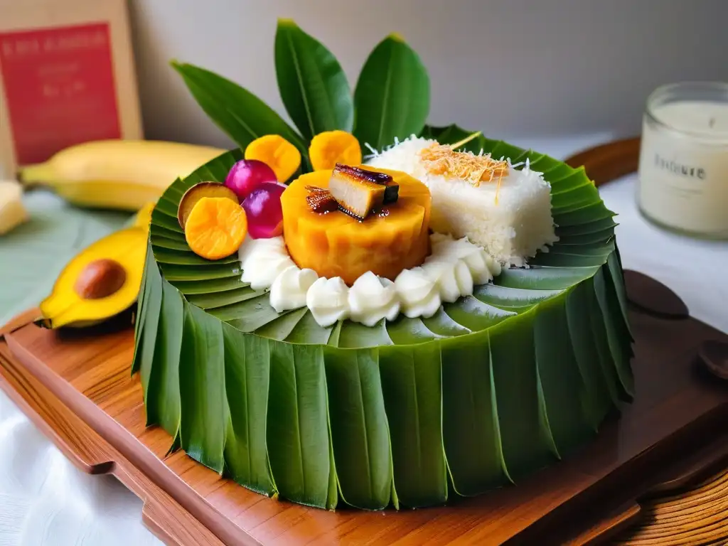 Un festín de recetas dulces tradicionales filipinas: bibingka, sapinsapin y kutsinta adornados con coco fresco en hojas de plátano y platos de madera