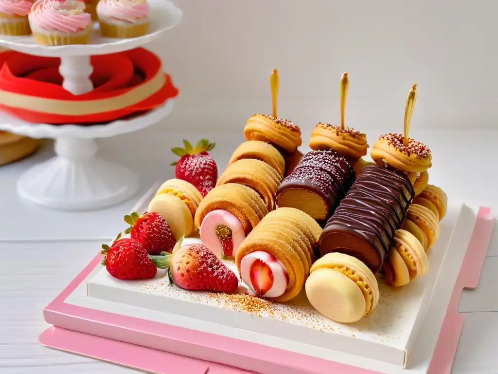 Un festín de snacks dulces para fiestas de pijamas: churros dorados, cupcakes rosados, fresas bañadas en chocolate y macarons pastel