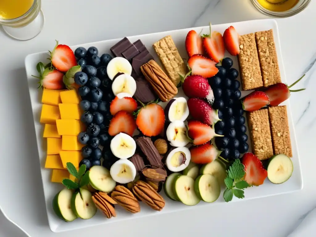 Un festín de snacks dulces saludables recetas, coloridos y deliciosos, en una elegante tabla sobre mármol moderno