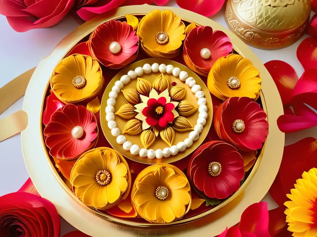 Un festín visual de dulces tradicionales Diwali recetas: ladoos, jalebis y kaju katli en un plato dorado rodeado de pétalos rojos y dorados