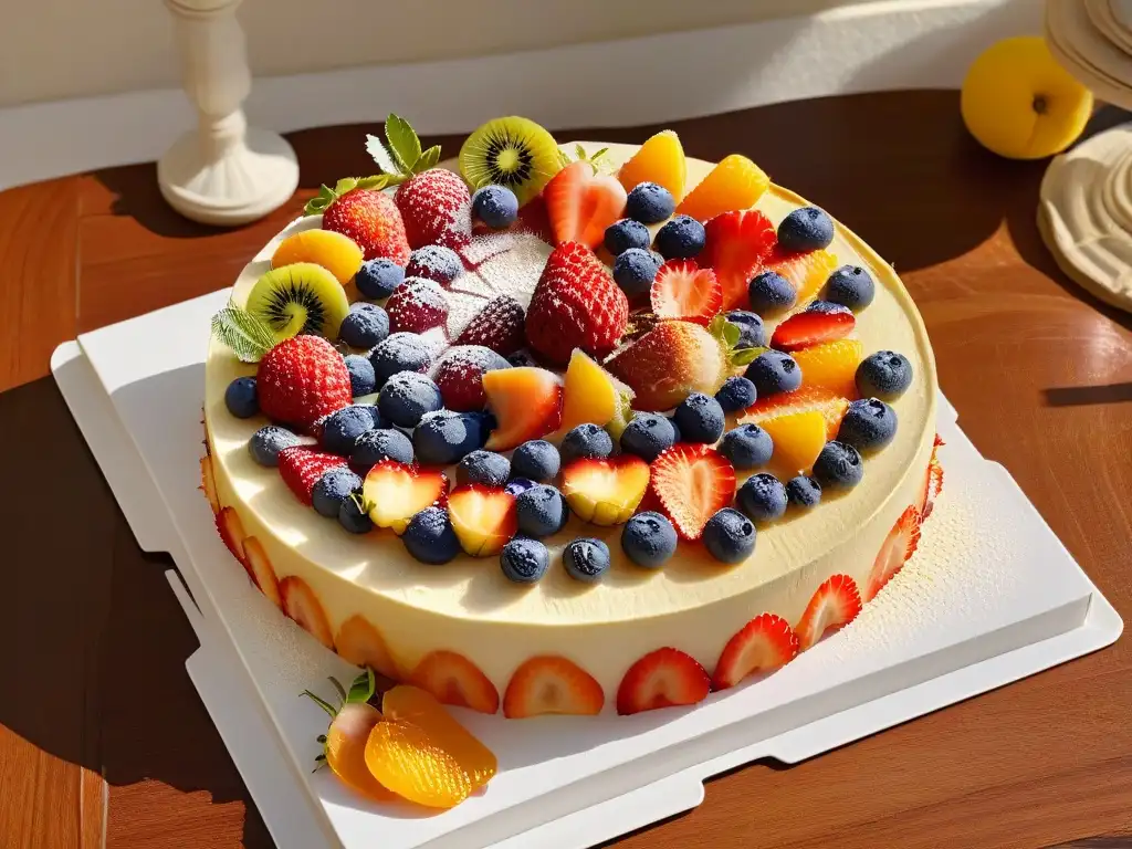 Tarta de frutas frescas: detalle exquisito y vibrante Un festín visual de frutas frescas y dorada masa, equilibrio perfecto en una exquisita tarta