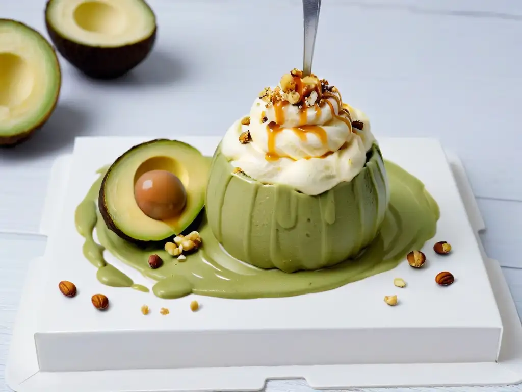 Un festín visual de helado keto casero sobre aguacate maduro, nueces y caramelo sin azúcar