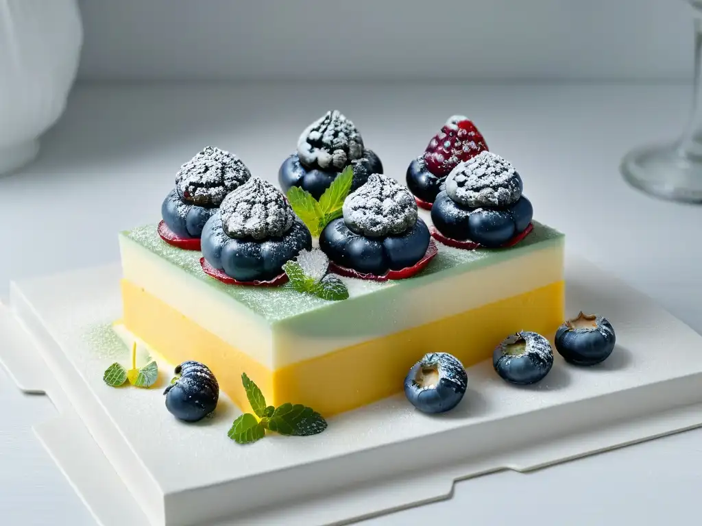 Un festín visual de postres sin azúcar deliciosos, adornados con frutas frescas y hojas de menta, en una presentación elegante y moderna