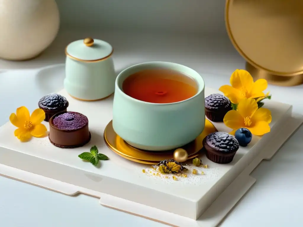 Un festín visual de té y postres: una taza de porcelana con té humeante y exquisitos pasteles rodeados de detalles en un plato moderno