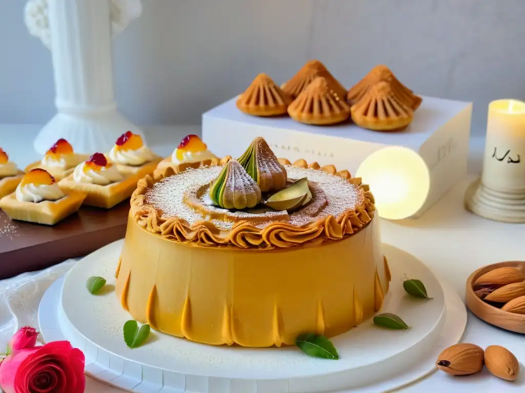 Un festín visual de postres tradicionales de Eid al-Fitr con baklava, ma'amoul y qatayef, adornados con pistachos, pétalos de rosa y miel