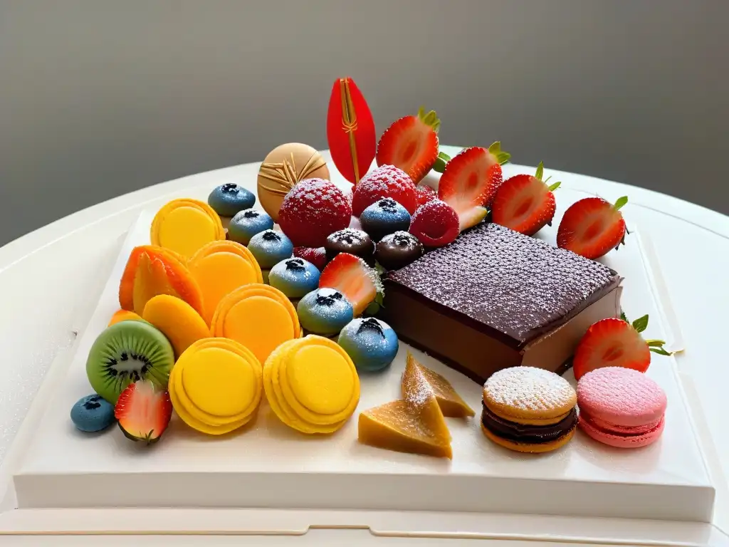 Exquisita mezcla de postres tradicionales y modernos Un festín visual de postres tradicionales y modernos: pasteles, macarons, chocolate y tartas de frutas en una presentación elegante