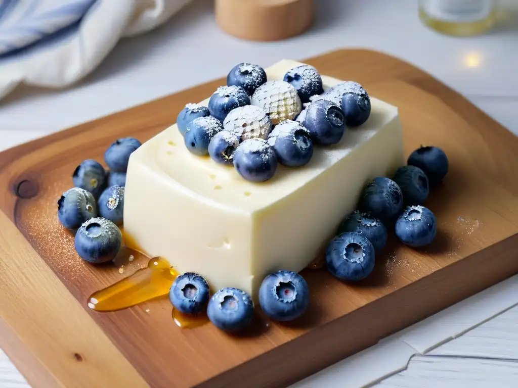 Un festín visual: rebanada de Mascarpone con arándanos frescos y miel